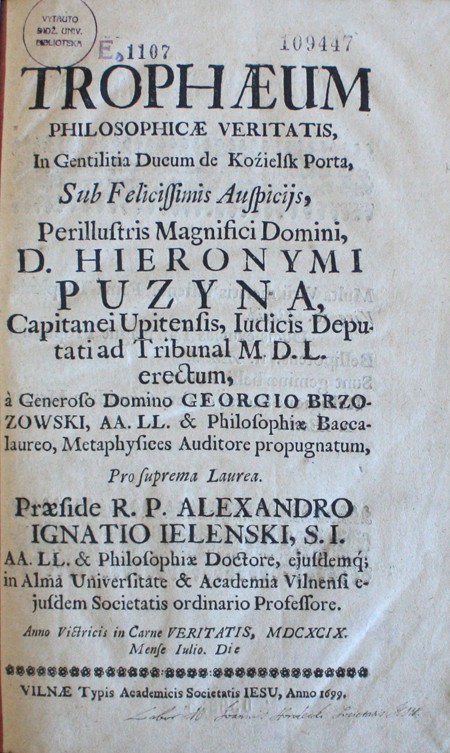Jurgio Bžozovskio filosofijos magistro tezės, apgintos Vilniaus akademijoje 1699 m. liepos mėn. [R 39635]