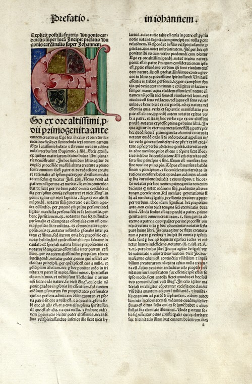 Įvairiaspalvis auksuotas įžanginis inicialas Hugo de Sancto Caro postilėje (Bazelis, 1482) [R 4859]