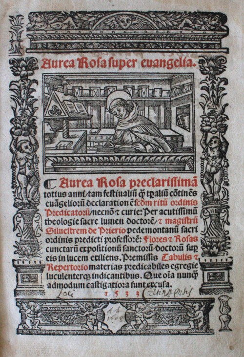 Florencijos spaustuvininkų Jakobo ir Francisco Giuntų lėšomis 1533 m. Lijone išleistos Silvestro da Prierio Mazzolini knygos „Aurea Rosa“ antraštinis puslapis [R 49817]