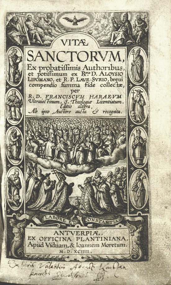 1594 m. Plantenų spaustuvėje pasirodžiusio leidinio „Šventųjų gyvenimai“ antraštinis puslapis [R 15791]
