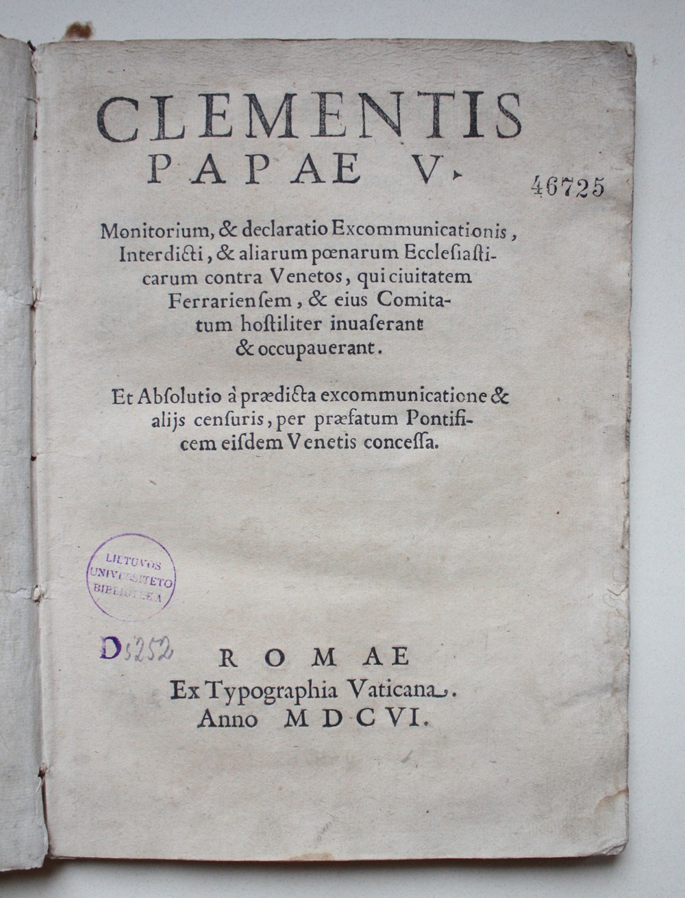 Klemenso V venecijiečių ekskomunikos aktas (Roma, 1606) [R 49767]