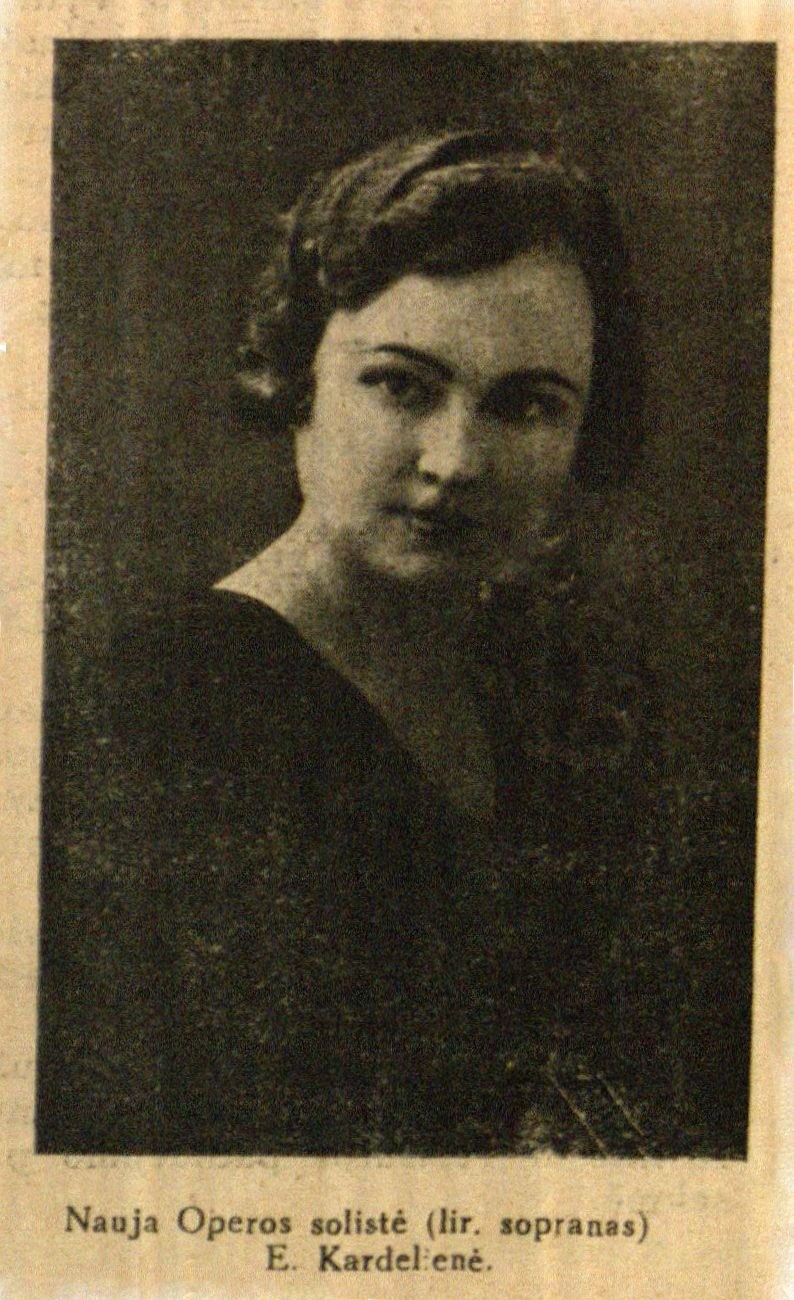 Nauja Operos solistė (lir. sopranas) E. Kardelienė // 7 meno dienos. – 1930, Nr. 56, p. 8.