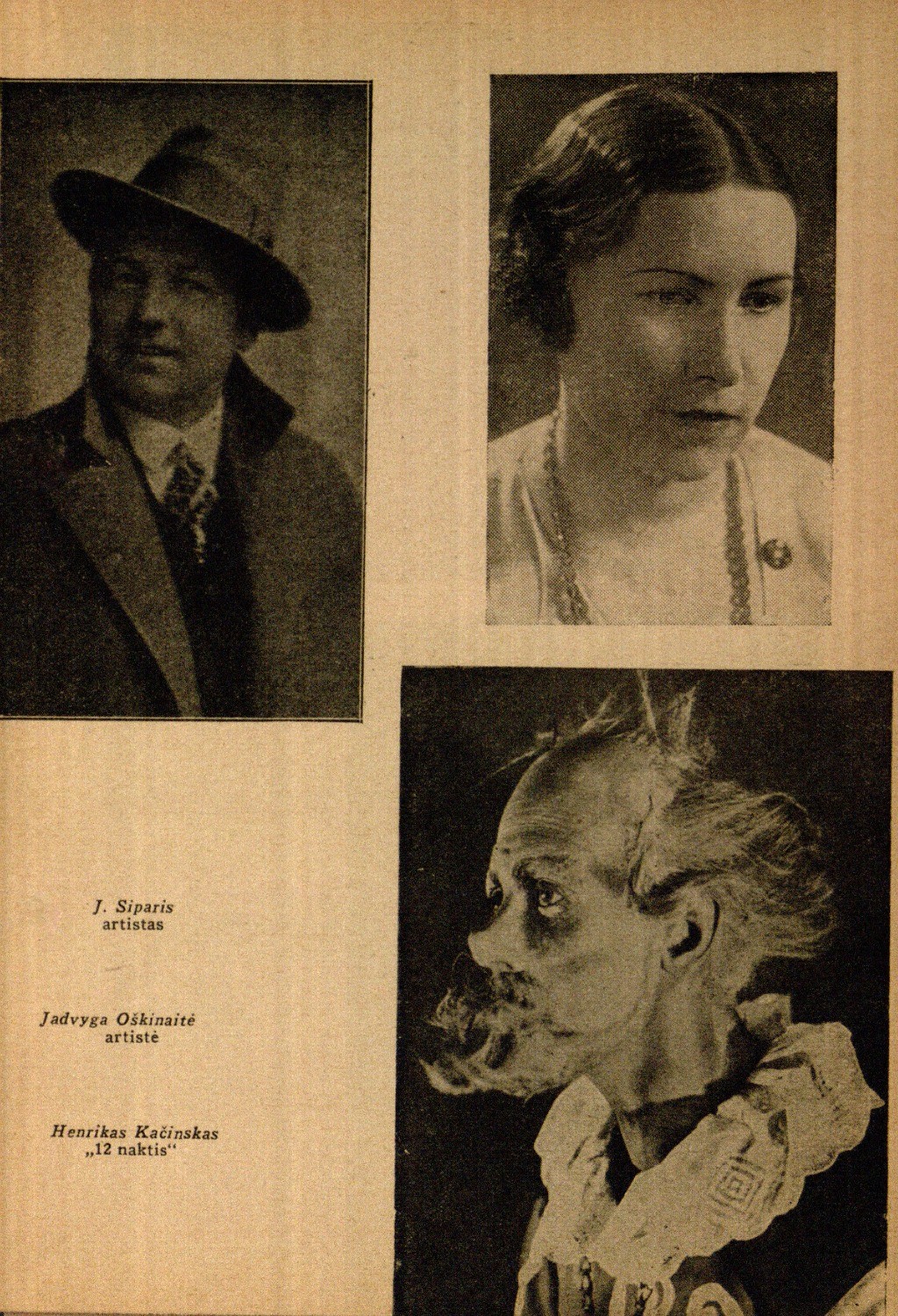 J. Siparis, artistas, Jadvyga Oškinaitė, artistė, Henrikas Kačinskas „12 naktis“ // Meno dienos. – 1936, Nr. 18, p. 7.