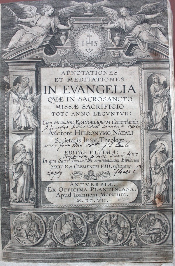 Jeronimo Nadalo „Adnotationes et meditationes" antraštinis puslapis su ranka rašytu knygos įsigijimo įrašu. 1607 m.