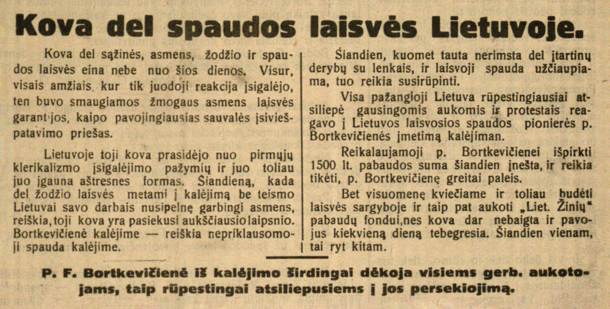 Kova dėl spaudos laisvės Lietuvoje: [Dėl F. Bortkevičienės paleidimo iš kalėjimo]