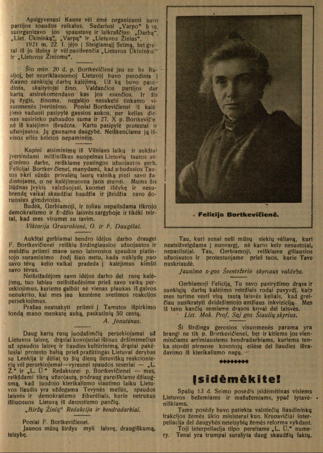 Felicija Povickaitė-Bortkevičienė: [biografija skelbiama šalia žinios apie jos įkalinimą]