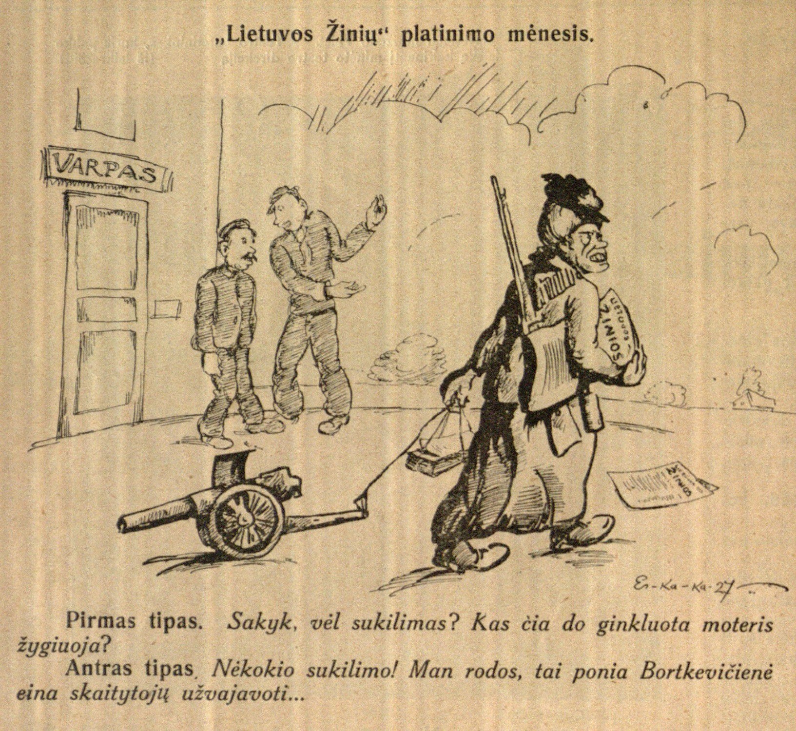 „Lietuvos Žinių“ platinimo mėnesis: [F. Bortkevičienės karikatūra, piešta Rimto Kalpoko, pasirašiusio Er-ka-ka slapyvardžiu]