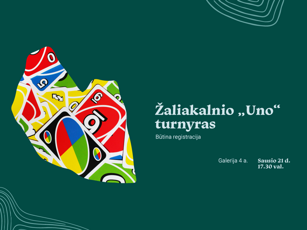 Sausio 21 d. 17.30 val. Ąžuolyno bibliotekos Galerijoje (Radastų g. 2, 4 a.) vyks Žaliakalnio „UNO“ turnyras. Pasimatykime išsiaiškinti, kas geriausias „UNO“ žaidėjas Žaliakalnyje! • Dalyviams netaikomas amžiaus cenzas: laukiami ir jauni, ir vyresni. • Dalyvių skaičius ribotas. Būtina registracija (registracijos formą rasite čia).