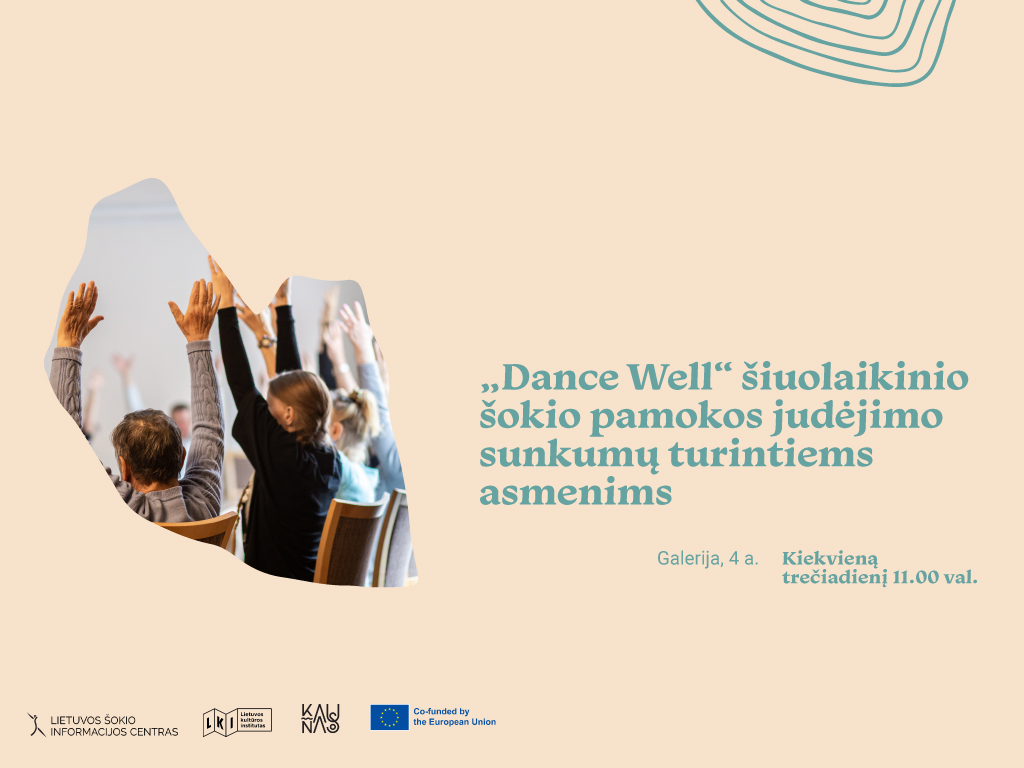 „Dance Well“ šiuolaikinio šokio pamokos judėjimo sunkumų turintiems asmenims Lietuvos šokio informacijos centras kartu su Ąžuolyno biblioteka kviečia į nemokamus šiuolaikinio šokio užsiėmimus „Dance Well“, skirtus Parkinsono liga sergantiems ir kitų judėjimo sutrikimų turintiems žmonėms.