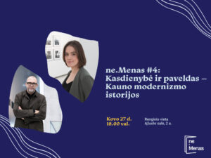 „ne.Menas“ kviečia sustoti ir įvertinti dizainą, kuris mus supa kasdien. Architektūra ir miesto planavimas, spauda ir internetas, fiziniai ir skaitmeniniai produktai – tai dizainas, su kuriuo visi susiduriame. Bet ar dažnai susimąstome, kaip atsiranda šie objektai ir patirtys? Ne viskas, kas verta dėmesio, atsiduria galerijose. Ne visas dizainas laikomas menu.
Ketvirtojo „ne.Menas“ susitikimo tema – tarpukario modernizmas Kaune. Išgirsime įtraukiančių pasakojimų apie tai, kaip klostėsi tarpukario kauniečių gyvenimas bei kaip šiomis dienomis vertinamas to laikmečio paveldas.

Renginio eiga:
17.45 val. Atidaromos durys + laikas pokalbiams
18.10 val. „Modernaus gyvenimo siekiai: tarpukario žmonių kasdienybė „pokario“ periodikoje“ | Justė Litinskaitė
18.50 val. Pertrauka
19.00 val. „Ne(į)prastas modernizmas: kaip Kaunas tapo UNESCO paveldo dalimi“ | Vaidas Petrulis
19.40 val. Laisvas laikas pabendrauti su pašnekovais

Renginys nemokamas, tačiau kviečiame registruotis, nes vietų skaičius ribotas. [Nuoroda bus vėliau]

Kartu panagrinėkime ribą, kur susikerta kūrybiškumas, funkcija ir forma. Ribą tarp meno ir ne meno. Iki susitikimo kovo 27 d. Ąžuolyno bibliotekos Ąžuolo salėje (Radastų g. 2, 2 a.)!

Renginio metu bus fotografuojama ir / ar filmuojama, todėl informuojame, kad jūs galite būti matomi renginio nuotraukose ar vaizdo įrašuose, kurie gali būti paskelbti įvairiose medijos priemonėse.
