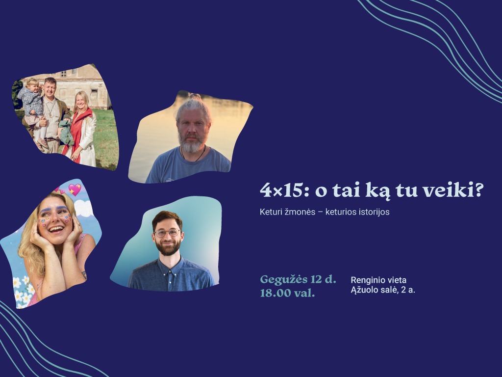 Gegužės 12 d. 18.00 val. kviečiame į atvirą ir įkvepiančią popietę Ąžuolyno bibliotekos Ąžuolo salėje (Radastų g. 2, 2 a.), kurioje susitiksime su drąsiai savo gyvenimo kelią kuriančiomis asmenybėmis. Išgirsite apie laisvę rinktis, atsakomybę imtis pokyčių ir kurti gyvenimo džiaugsmą, kai esi ištikimas sau. Jūsų laukia keturios autentiškos istorijos – skirtingos, bet panašios tuo, kad jų herojai eina ne kitų pramintais takais, o savais, sąmoningai pasirinktais keliais. ● Giedrius Bučas apėjo visą Baltijos jūrą pėsčiomis, kad atkreiptų dėmesį į jos prastėjančią ekologinę būklę. ● Augustė Barbora Budrienė iš antrų rankų drabužių kuria tvarią ir kūrybišką greitosios mados alternatyvą. ● Tomas Gecevičius pergalvoja, kaip skaitmeninė erdvė galėtų būti draugiškesnė žmonėms su kognityviniais ir fiziniais sutrikimais. ● Vytautas ir Deimantė Ganusauskai, įsigiję seną Lietuvos dvarą, bando jį prikelti, kartu puoselėdami lietuviškas tradicijas ir kultūrą. Susitikimo metu ne tik išgirsite jų istorijas, bet ir turėsite galimybę pabendrauti, užduoti klausimų, o gal net ir atrasti įkvėpimo naujam gyvenimo žingsniui. Šis renginys – kvietimas ištrūkti iš socialinių tinklų algoritmų sukurto burbulo, kur mūsų įsitikinimai sustiprinami, o jais suabejoti nebelieka vietos. Užeikite pasiklausyti, pabūti bendraminčių apsuptyje ir prisiminti, kad kiekvienas turime teisę gyventi pagal savo unikalų scenarijų. Lauksime jūsų atvykstant! Renginio metu bus fotografuojama ir / ar filmuojama, todėl jūs galite būti matomi renginio nuotraukose ar vaizdo įrašuose, kurie gali būti paskelbti įvairiose medijos priemonėse.
