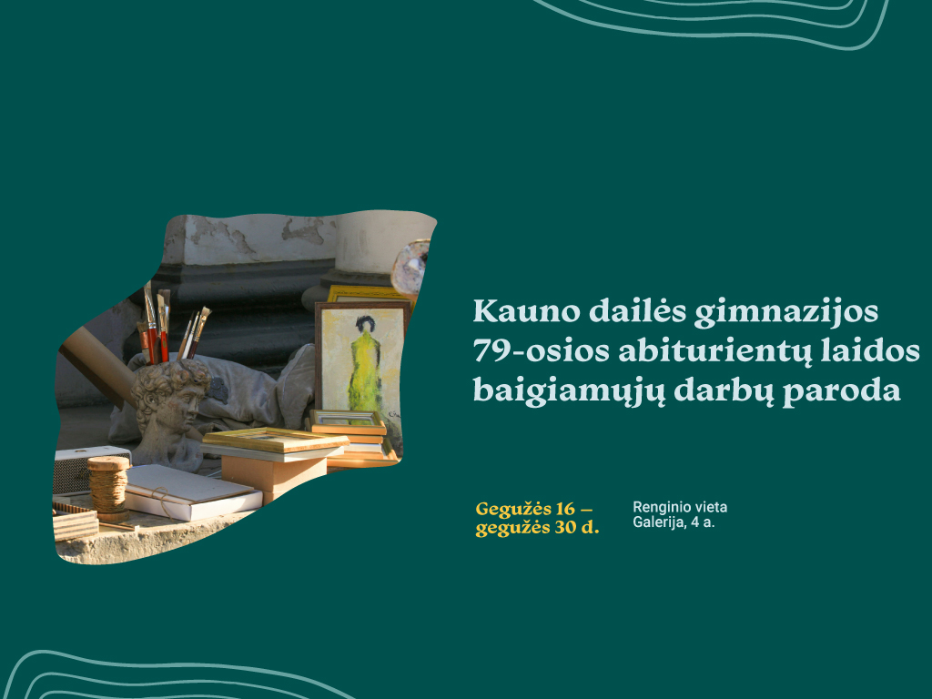 Nuo gegužės 16 d. Ąžuolyno bibliotekos Galerijoje (Radastų g. 2, 4 a.) bus eksponuojama Kauno dailės gimnazijos abiturientų baigiamųjų darbų paroda. Ši paroda – tai ne tik jaunųjų kūrėjų brandos įrodymas, bet ir jų kūrybinės kelionės apžvalga, apimanti skirtingas meninės raiškos formas. Kiekvienas kūrinys – atskira istorija, išreikšta per vizualinį meną ir liudijanti jauno žmogaus požiūrį į pasaulį, savo tapatybę, emocijas ir patirtis. Baigiamieji darbai atspindi ir bendrą gimnazijos ugdymo kryptį – meninio mąstymo, visaverčio požiūrio ir dailės technikos įgūdžių ugdymą. Kviečiame pasinerti į abiturientų kūrybos pasaulį ir išvysti unikalią jų viziją, išreikštą per meną, kuris dažnai kalba stipriau nei žodžiai. Tai puiki proga pamatyti, kokių profesinių įgūdžių mokiniai įgijo ir kaip jie atskleidžia save kaip nepriklausomus menininkus, pasiruošusius žengti į platesnį meno pasaulį. Ekspoziciją sudaro abiturientų tapybos, skulptūros, grafikos, dizaino, tekstilės darbai, kuriuos parengti padėjo darbų vadovai: • grafikos mokytoja Jolanta Galdikaitė, • tekstilės mokytoja Dovilė Rukšėnienė, • skulptūros mokytojas Algimantas Šlapikas, • tapybos mokytojas Gintautas Vaičys, • dizaino mokytojas Tadas Žebrauskas. Džiaugiamės galėdami palaikyti jaunuosius kūrėjus. Paroda bus eksponuojama nuo gegužės 16 d. iki gegužės 30 d. Renginio metu bus fotografuojama ir / ar filmuojama, todėl jūs galite būti matomi renginio nuotraukose ar vaizdo įrašuose, kurie gali būti paskelbti įvairiose medijos priemonėse.