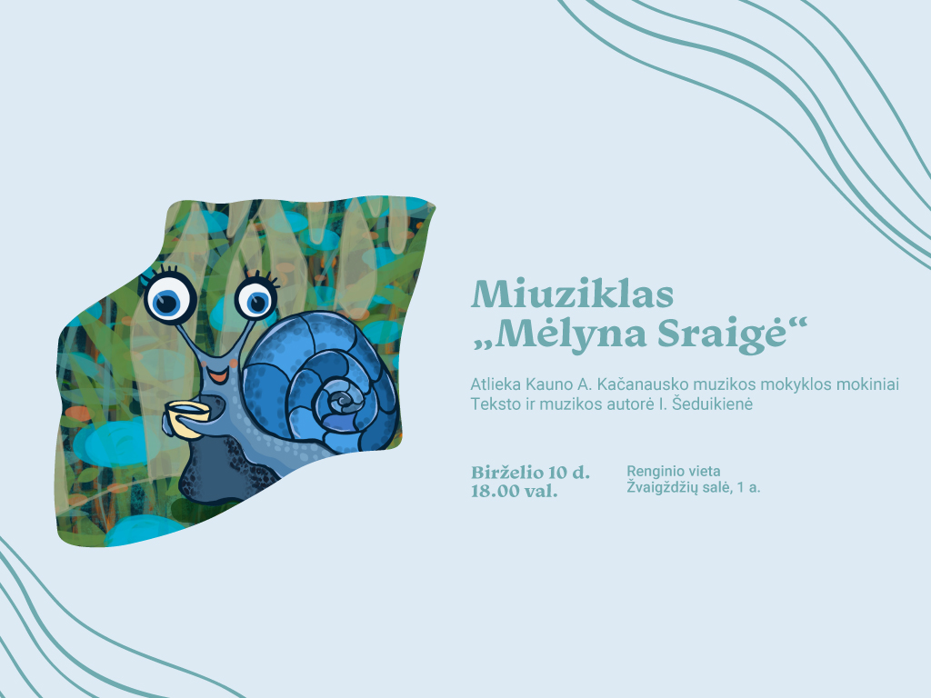 Birželio 10 d., antradienį, 18.00 val. Ąžuolyno bibliotekos Žvaigždžių salėje (Radastų g. 2, 1 a.) Kauno Aleksandro Kačanausko muzikos mokyklos mokiniai atliks koncertinę miuziklo „Mėlyna Sraigė“ versiją. Muziką ir tekstą kūrė, koncertą ves ir akompanuos Inga Šeduikienė. Ar buvote kada nors Mėlynių Šilelyje? Ne? Tuomet kviečiame apsilankyti ir susipažinti su Mėlyna Sraige ir jos draugais – gražuole Boruže, verslininkais Kurmiais, smuikininku Žiogu, darbštuolėmis Skruzdėlytėmis, liūdnuoju Voru, medaus virėjomis Bitėmis, plevėsa Laumžirgiu ir kailiniuota Kamane. Sužinosite, kokia grėsmė ištiko Mėlynių Šilelio gyventojus ir ar jiems pavyks įveikti iššūkius. Kauno A. Kačanausko muzikos mokyklos mokinių, kuriuos paruošė mokytojos Giedrė Virbickienė, Laima Kerpauskaitė, Violeta Stankevičienė ir Inga Šeduikienė, nuotaikingas koncertas pagal to paties pavadinimo muzikinę pasaką pradžiugins tiek mažuosius, tiek vyresnius žiūrovus, o istorijos finalas ir moralas nepaliks abejingų, nes „Kartu mes galim viską!!!“ Renginys nemokamas. Renginio metu bus fotografuojama ir / ar filmuojama, todėl informuojame, kad jūs galite būti matomi renginio nuotraukose ar vaizdo įrašuose, kurie gali būti paskelbti įvairiose medijos priemonėse.