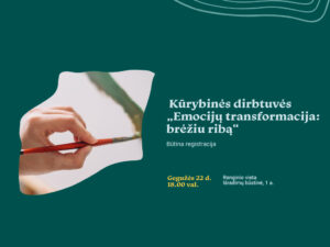 Ąžuolyno biblioteka kviečia visus, norinčius išlaisvinti vaizduotę ir geriau pažinti save, dalyvauti kūrybinėse dirbtuvėse „Emocijų transformacija: brėžiu ribą“.

Kur mano ribos aiškios, o kur – painios? Kada jaučiu, kad jos saugo, o kada – trukdo?
Šeštasis susitikimas kvies pasinerti į savęs pažinimo procesą per vidinės erdvės tyrinėjimą. Kartu žvelgsime į asmenines ribas kaip į gyvą, kintančią emocinę teritoriją – kur jos prasideda, kur baigiasi ir kas slypi viduje. Tai puiki proga sustoti, pažvelgti į save ir vizualiai išreikšti tai, kas dažnai lieka neįvardyta.
Dirbtuvių metu kursime savo emocinį žemėlapį – vaizduosime saugias ir pavojingas zonas, atvirus tiltus ir uždaras sienas, piešime derindami spalvas bei simbolius. Kūrybinis procesas padės išreikšti vidines būsenas, apmąstyti asmeninį santykį su savimi ir pasauliu.
Reikalingomis priemonėmis pasirūpinsime mes, tačiau, jei turite mėgstamų kūrybos įrankių – kviečiame atsinešti. Meniniai sugebėjimai taip pat nebūtini – svarbu noras aktyviai dalyvauti ir pažinti save. 
Susitikime gegužės 22 d. 18.00 val. Ąžuolyno bibliotekos Išradimų būstinėje (Radastų g. 2, 1 a.). Renginio trukmė – apie 1,5 val. Užsiėmimas nemokamas.
Svarbu: vietų skaičius ribotas. Nuorodą į registraciją galite rasti čia.

Renginio metu bus fotografuojama ir / ar filmuojama, todėl informuojame, kad jūs galite būti matomi renginio nuotraukose ar vaizdo įrašuose, kurie gali būti paskelbti įvairiose medijos priemonėse.
