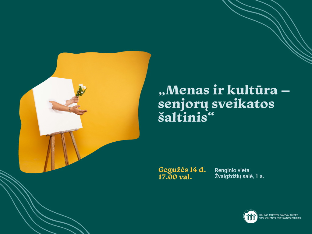 Minėdama Europos visuomenės sveikatos savaitę, gegužės 14 d., trečiadienį, 17.00 val. Ąžuolyno biblioteka kartu su Kauno miesto savivaldybės visuomenės sveikatos biuru kviečia senjorus į Ąžuolyno bibliotekos Žvaigždžių salėje (Radastų g. 2, 1 a.) vyksiantį renginį „Menas ir kultūra – sveikatos šaltinis“. Skatinsime senjorus pažvelgti į meną ir kultūrą ne vien kaip į laisvalaikio praleidimo būdą, bet ir kaip į priemonę, padedančią stiprinti emocinę bei psichinę sveikatą. Renginio metu papasakosime, kaip atskirti meną nuo meno terapijos, taip pat laukia pranešimai ir apie bibliografiją, dailės bei muzikos terapiją, o renginį vainikuos jaunųjų violončelininkų ansamblio „TOP“ koncertas. Išgirsite šiuos pranešimus: „Meno terapijos taikymas emocinei sveikatai“. Psichologė Kristina Navickienė. Kauno miesto savivaldybės visuomenės sveikatos biuras. „Dailės terapija muziejuje. Meno reikšmė senjorų psichikos sveikatai“. Dailės terapeutė Sigita Stabinskė. Nacionalinio M. K. Čiurlionio muziejus. „Biblioterapijos užsiėmimai: gali būti papildomų sąlygų“. Literatūrologė Donata Bocullo. Ąžuolyno biblioteka. „Muzikos terapija vyresnio amžiaus žmonių psichoemocinės sveikatos stiprinimui“. Muzikos terapeutė dr. Zita Abramavičiūtė-Mučinienė. Lietuvos muzikos terapijos asociacija. Būtina išankstinė registracija. Renginio metu bus fotografuojama ir / ar filmuojama, todėl jūs galite būti matomi renginio nuotraukose ar vaizdo įrašuose, kurie gali būti paskelbti įvairiose medijos priemonėse.
