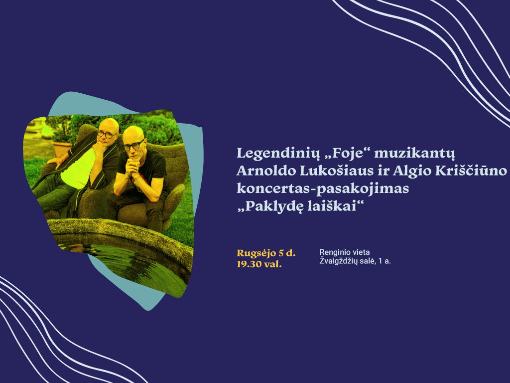 Rugsėjo 5 d. (penktadienį) 19.30 val. kviečiame į Ąžuolyno bibliotekos Žvaigždžių salėje (Radastų g. 2, 1 a.) vyksiančią ypatingą gyvo garso ir vaizdo patirtį – intymų koncertinį pasakojimą apie žmogaus vienatvę, ilgesį ir artumo paieškas. Scenoje pasirodys du buvę „Foje“ muzikantai: Arnoldas Lukošius ir Algis Kriščiūnas, suvieniję muziką, tekstą ir vaizdą į jautrų pasirodymą.