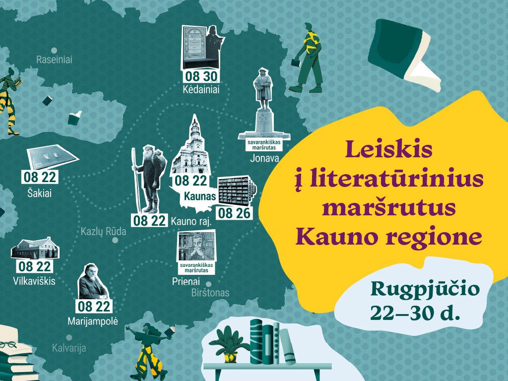ugpjūčio 22–30 d. leiskimės į kelionę Kauno regiono bibliotekų sukurtais literatūriniais maršrutais, atversiančiais bibliotekų pastatų ir rašytojų gyvenimų istorijos puslapius. Taip pat laukia orientaciniai žaidimai ir įvairios edukacinės veiklos.