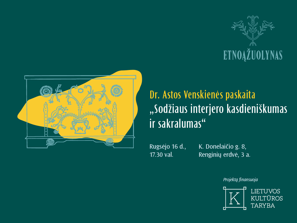 Rugsėjo 16 d. (antradienį) 17.30 val. Ąžuolyno biblioteka kviečia į Renginių erdvę (K. Donelaičio g. 8, 3 a.) pasiklausyti paskaitos apie XIX a. pab. – XX a. pirmos pusės sodžiaus interjero ypatumus, svarbiausius to meto baldus ir jų profanišką bei sakralią paskirtis.