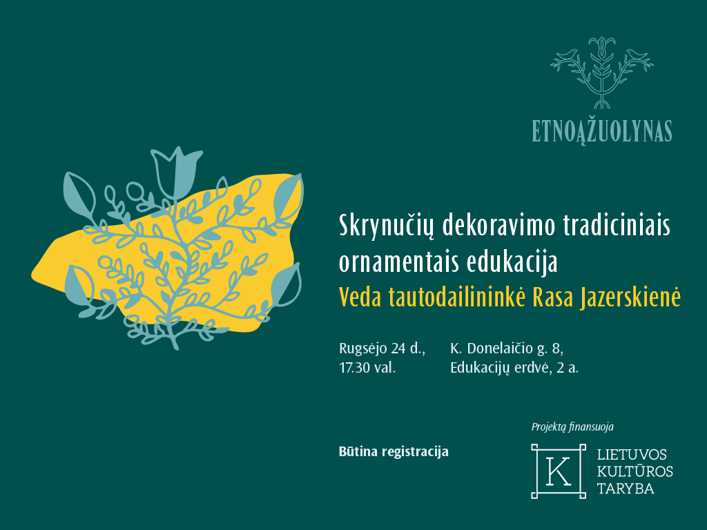 Rugsėjo 24 d. 17.30 val. Ąžuolyno biblioteka kviečia į Edukacijų erdvėje (K. Donelaičio g. 8, 2 a.) vyksiančią suvenyrinių skrynučių dekoravimo tradiciniais ornamentais edukaciją.