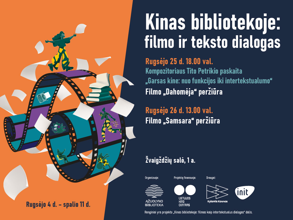 Rugsėjo 25 d., ketvirtadienis, 18.00 val. kompozitoriaus Tito Petrikio paskaita „Garsas kine: nuo funkcijos iki intertekstualumo“ ir filmo „Dahomėja“ peržiūra (rež. Mati Diop).