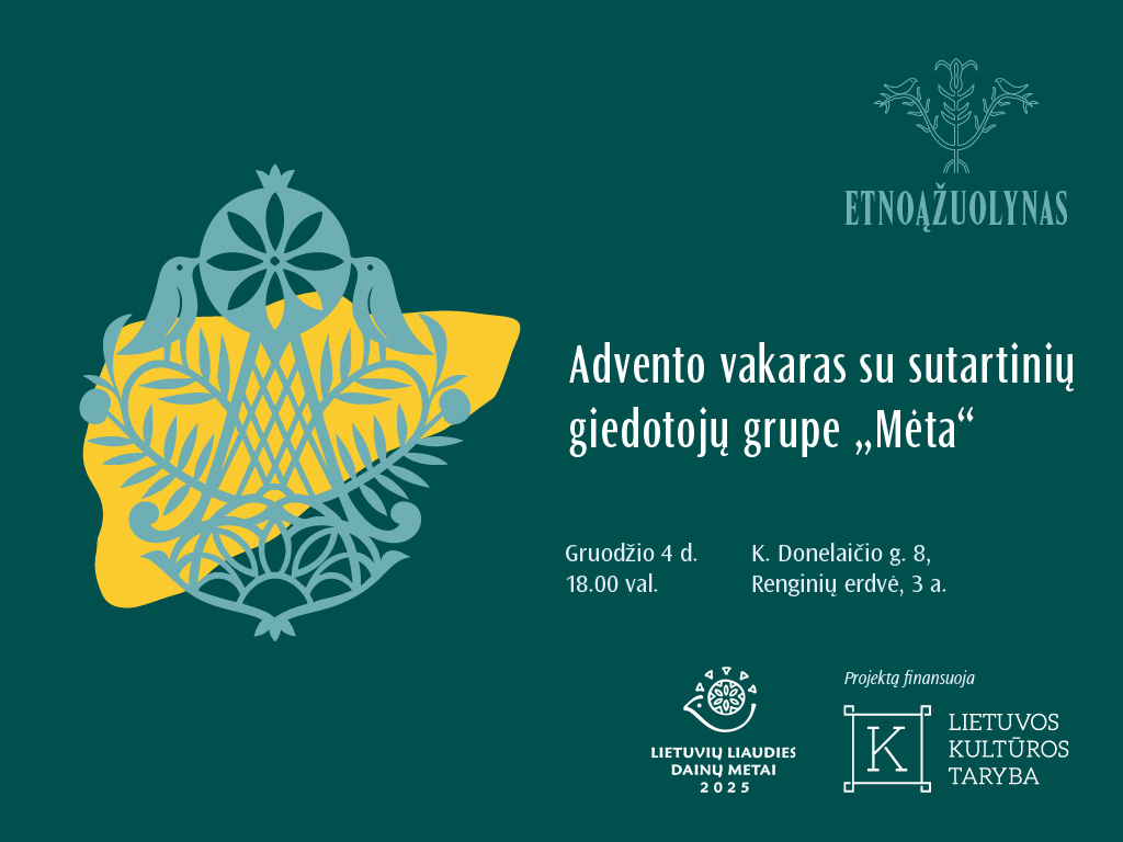 Kviečiame gruodžio 4 d., ketvirtadienį, 18.00 val. apsilankyti Ąžuolyno bibliotekos Renginių erdvėje (K. Donelaičio g. 8, 3 a.) ir jaukiai pavakaroti su Garliavos kultūros centro sutartinių giedotojų grupe „Mėta“.