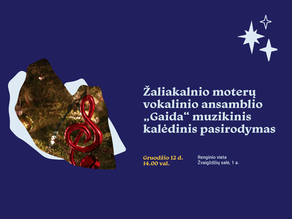 Gruodžio 12 d. 14.00 val. Žaliakalnio moterų vokalinis ansamblis „Gaida“ dovanos švelniai jausmingą gyvo garso koncertą, kupiną melodingų romansų ir šventiškai spindinčių kalėdinių dainų skambesio.
