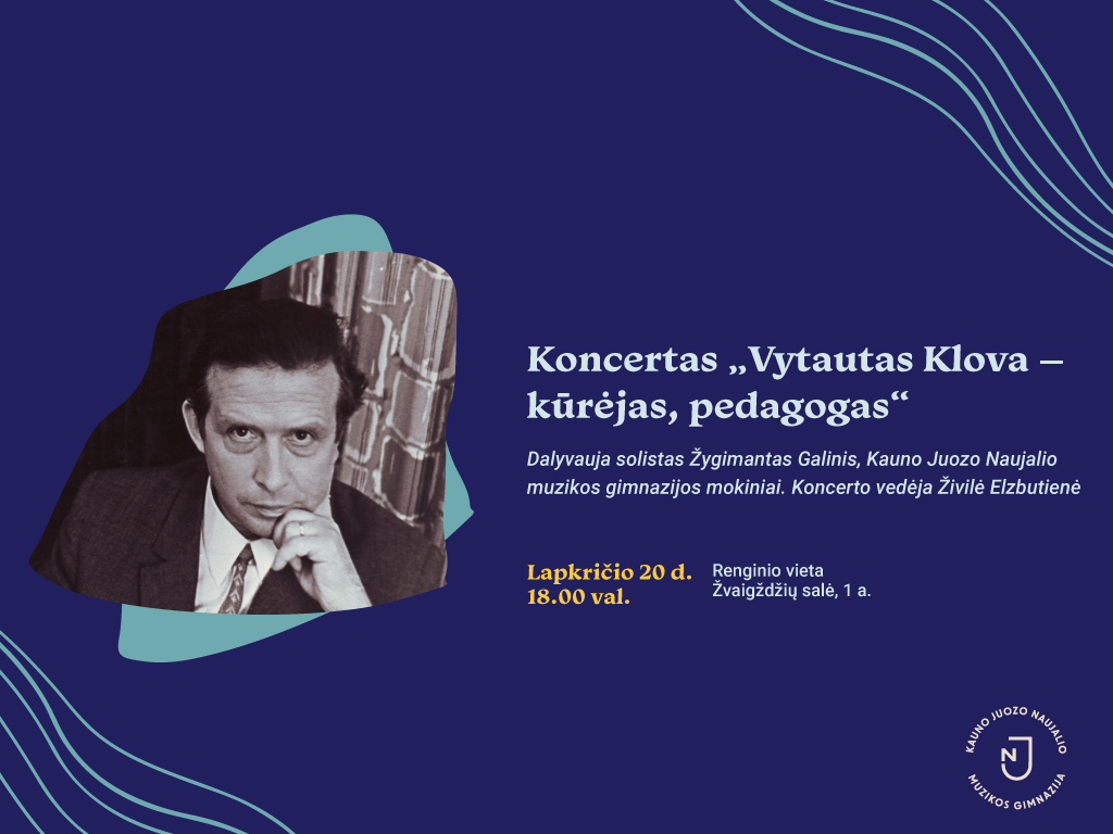 Lapkričio 20 d., ketvirtadienį, 18.00 val. kviečiame į Ąžuolyno bibliotekos Žvaigždžių salėje (Radastų g. 2, 1 a.) vyksiantį koncertą „Vytautas Klova – kūrėjas, pedagogas“, skirtą kompozitoriaus atminimui pagerbti ir artėjančioms 100-osioms gimimo metinėms paminėti.