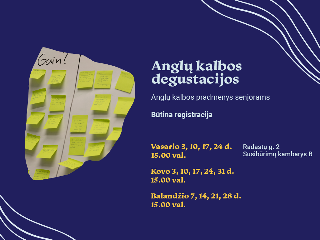 Ąžuolyno biblioteka vyresnio amžiaus kauniečius kviečia į „Anglų kalbos degustacijas“ – anglų kalbos pradmenų pamokas. Vasario–balandžio mėnesiais Susibūrimų kambaryje B (Radastų g. 2, 4 a.) kartą per savaitę mažose grupėse galėsite išmokti anglų kalbos rašybos, skaitymo ir kalbėjimo pagrindų.