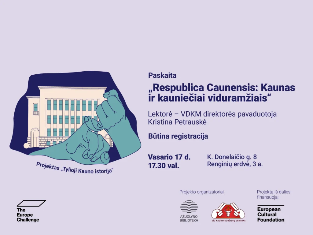 Vasario 17 d. 17.30 val. kviečiame į Renginių erdvę (K. Donelaičio g. 8, 3 a.), kur vyks antroji projekto „Tylioji Kauno istorija“ (The Silent History of Kaunas) paskaita „Respublica Caunensis: Kaunas ir kauniečiai viduramžiais“ su Vytauto Didžiojo Karo muziejaus direktorės pavaduotoja, istorike Kristina Petrauske. Renginio metu sužinosite, kaip atrodė XV–XVII a. Kaunas ir kaip gyveno jo gyventojai.