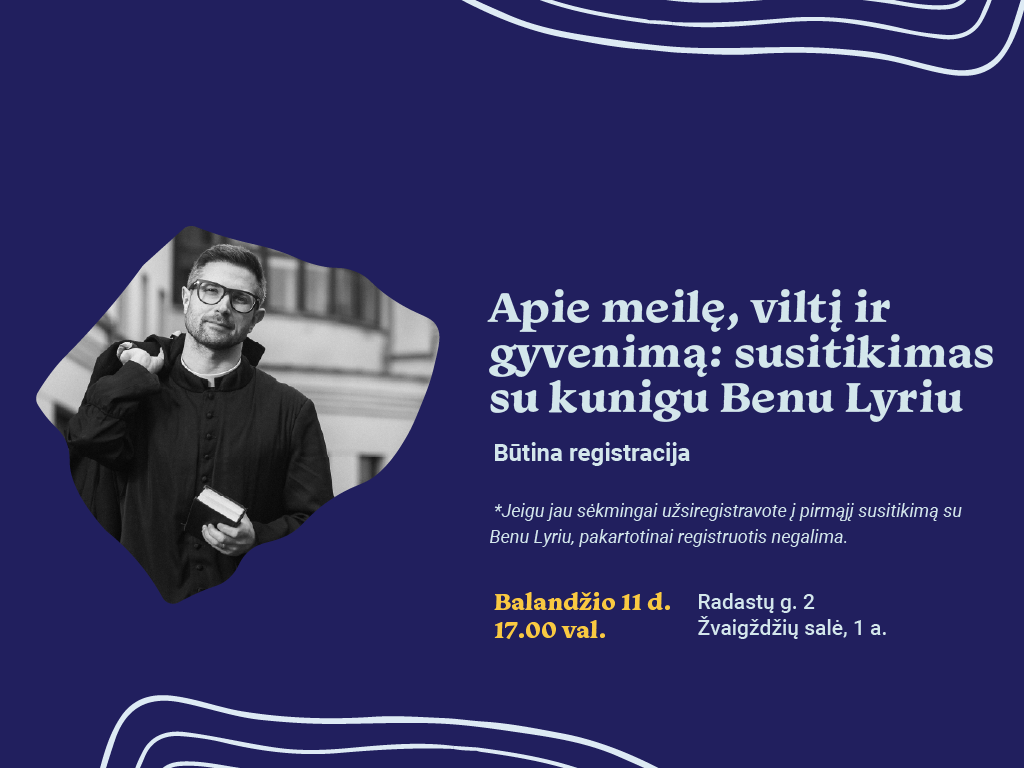 Balandžio 11 d. 17.00 val. Ąžuolyno bibliotekoje laukia ypatingas susitikimas su vienuolikos knygų autoriumi, kunigu Benu Lyriu – kviečiame atvykti į Žvaigždžių salę (Radastų g. 2, 1 a.), kur diskutuosime apie meilę, viltį, tikėjimą ir kasdienius įkvėpimus gyventi.
