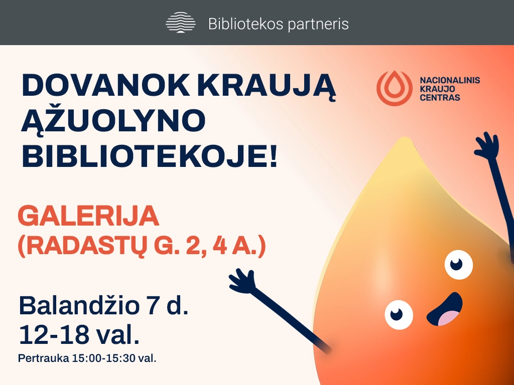 Nacionalinis kraujo centras ir Ąžuolyno biblioteka kauniečius ir miesto svečius balandžio 7 d. kviečia atvykti į bibliotekos Galeriją (Radastų g. 2, 4 a.) ir prisidėti prie ypatingos veiklos – kraujo donavimo. Nuo 12.00 iki 18.00 val. atvykę lankytojai galės ne tik donuoti kraują, bet ir pasitikrinti ar pagilinti žinias:
