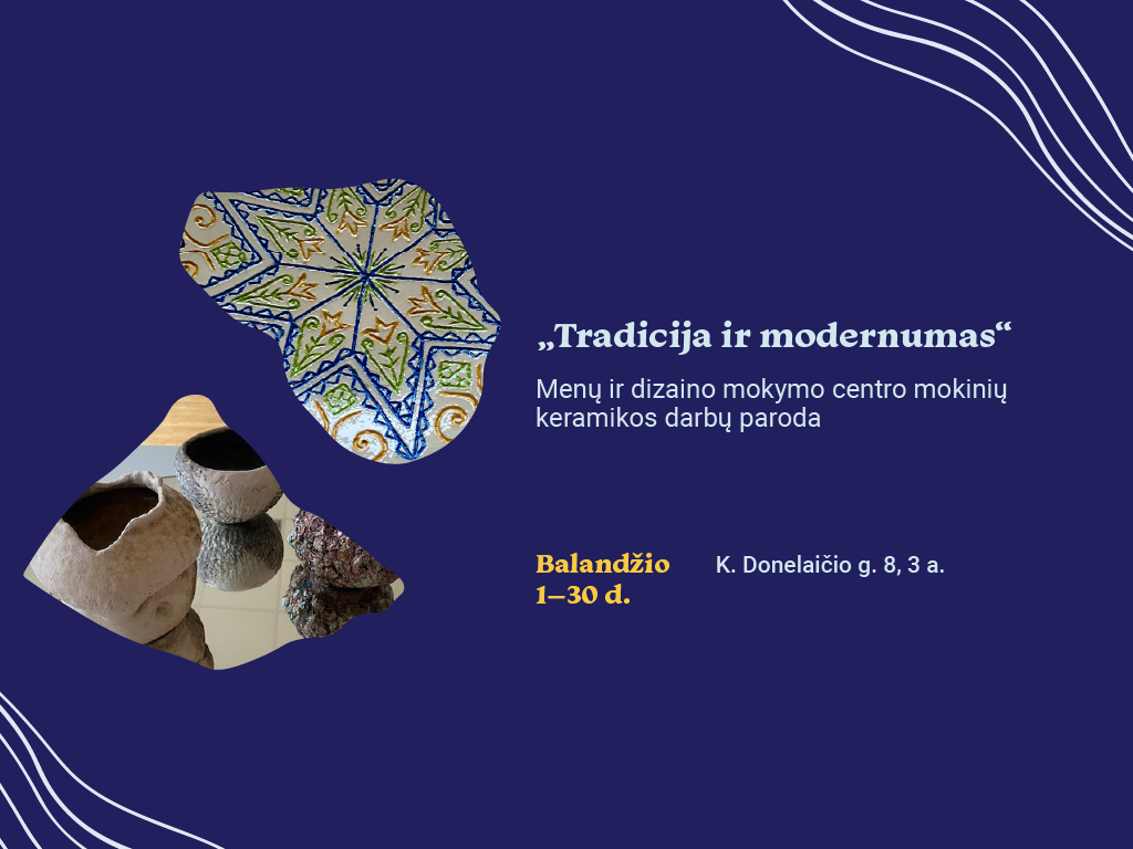 Nuo balandžio 1 iki 30 d. Ąžuolyno bibliotekoje (K. Donelaičio g. 8, 3 a.) veiks Menų ir dizaino mokymo centro keramikos darbų paroda „Tradicija ir modernumas“.