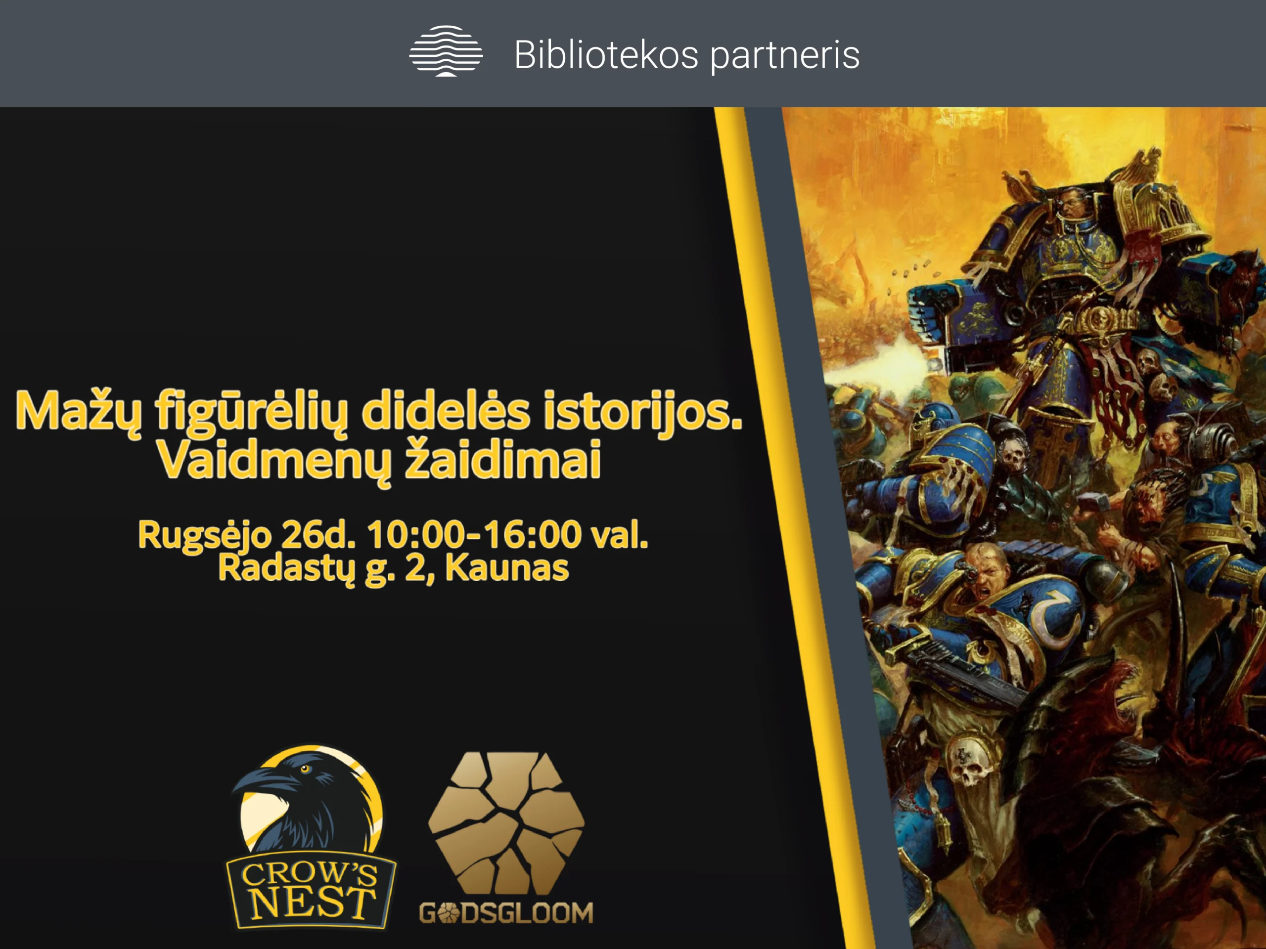 Rugsėjo 26 d., šeštadienį, RPG entuziastus ir norinčius išbandyti šį hobį kviečiame į Ąžuolyno bibliotekos Galeriją (Radastų g. 2, 4 a.) – čia galėsite drauge su bendraminčiais kurti įspūdingas istorijas, spalvinti miniatūras ir strateguoti mūšiuose!