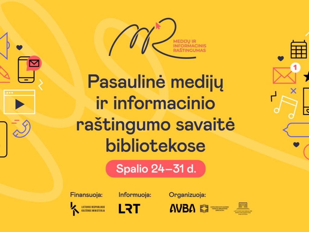 Žinanti, sumani visuomenė. Prisidėdamos prie šio tikslo Lietuvos bibliotekos spalio 24–31 dienomis jau penktą kartą taps medijų ir informacinio raštingumo centrais, šalies gyventojus kviesdamos dalyvauti Medijų ir informacinio raštingumo (MIRKT) savaitės veiklose.
