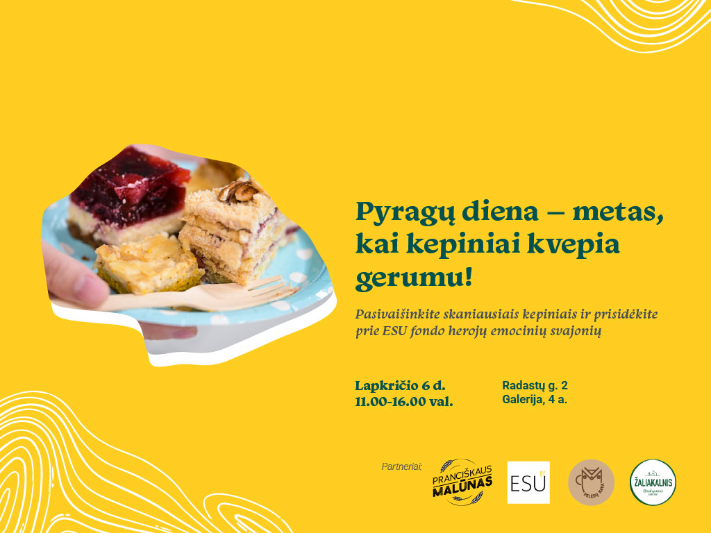 Tad lapkričio 6 d. nuo 13.00 iki 16.00 val. kviečiame apsilankyti Ąžuolyno bibliotekos Galerijoje (Radastų g. 2, 4 a.), vaišintis kvapniausiais kepiniais bei arbata ir aukojant ESU paramos fondui prisidėti kuriant šventinį stebuklą.
